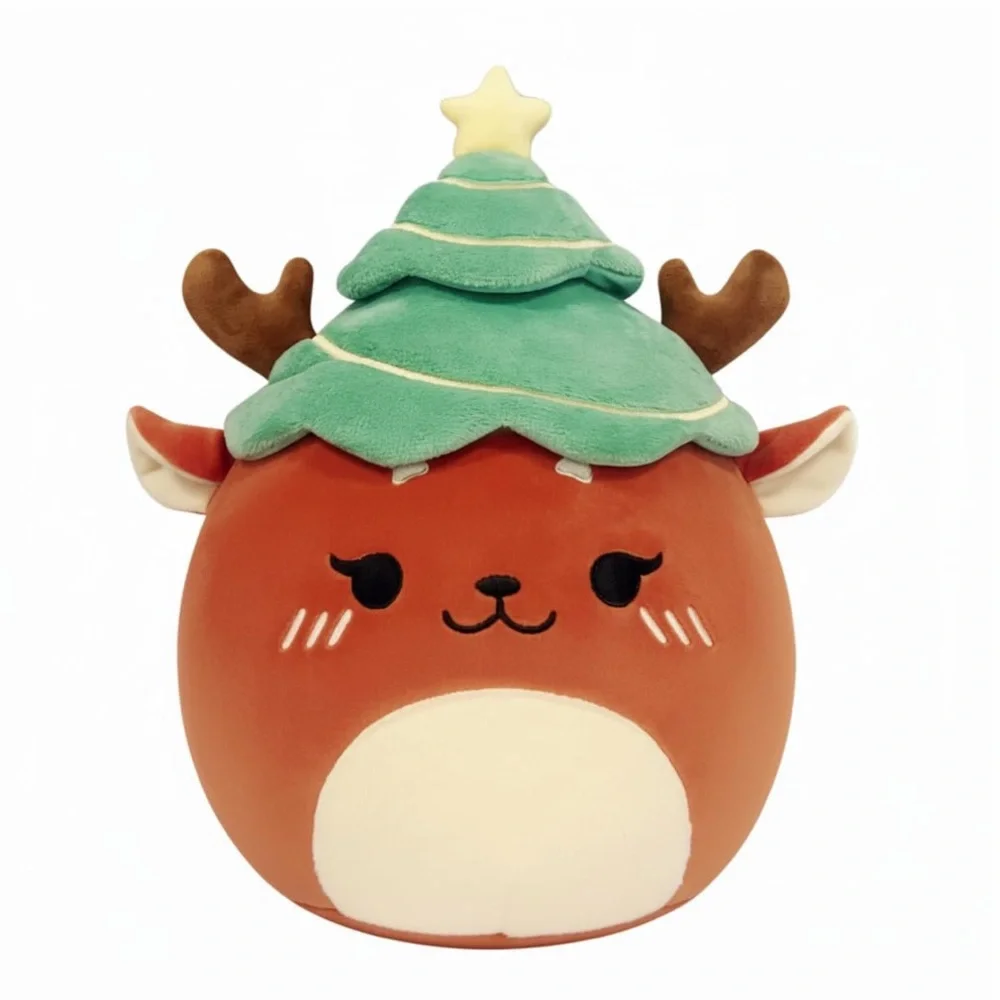 Merry Christmas ‘Reindeer Plushie with Tree Hat’ Holiday Pillow